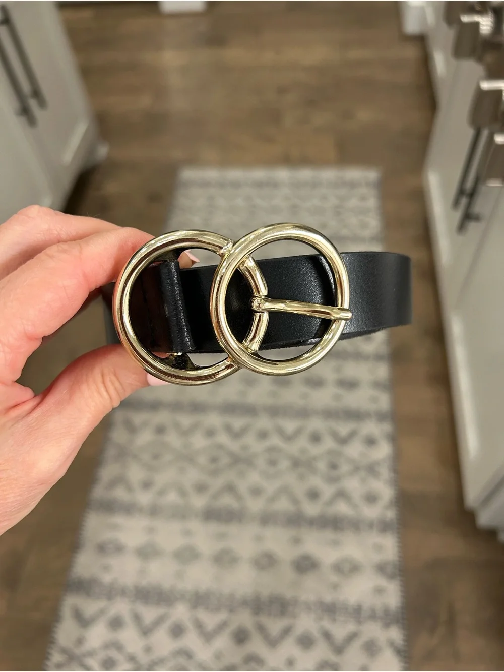 Classic Black Leather Belt with Gold Double-Ring Buckle